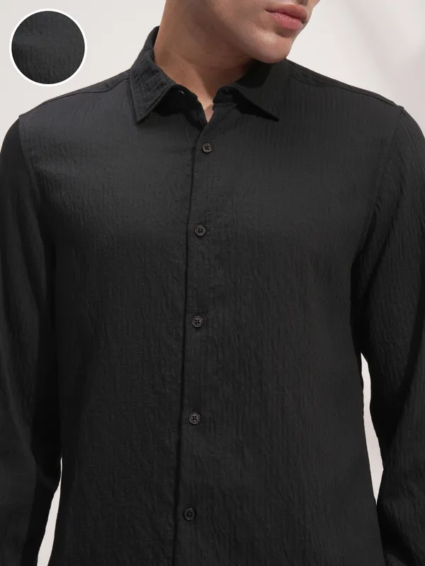 Highlander Men Black Self Design Slim Fit Casual Shirt
