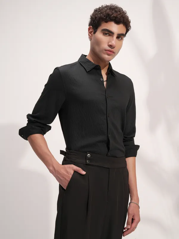 Highlander Men Black Self Design Slim Fit Casual Shirt