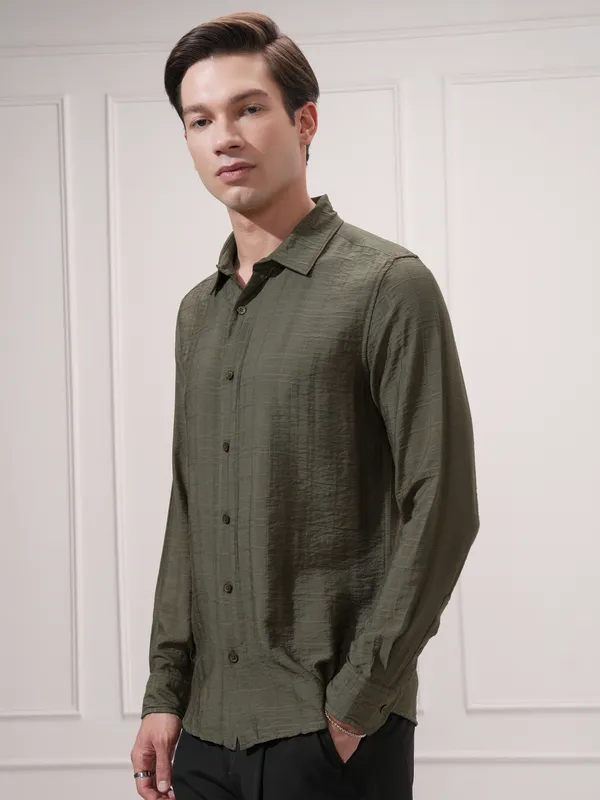 Highlander Men Olive Checked Slim Fit Casual Shirt