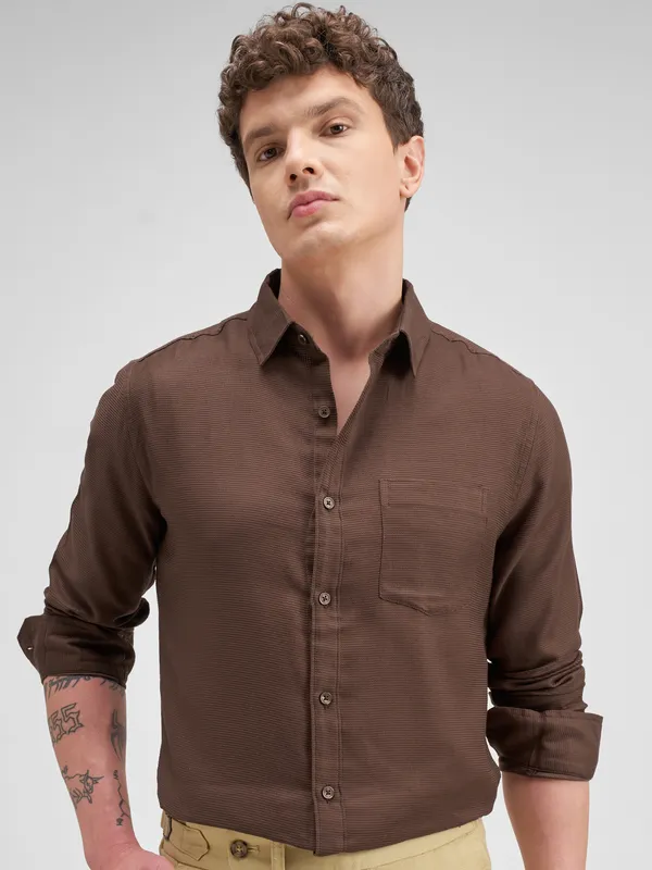 Highlander Men Brown Self Design Slim Fit Casual Shirt