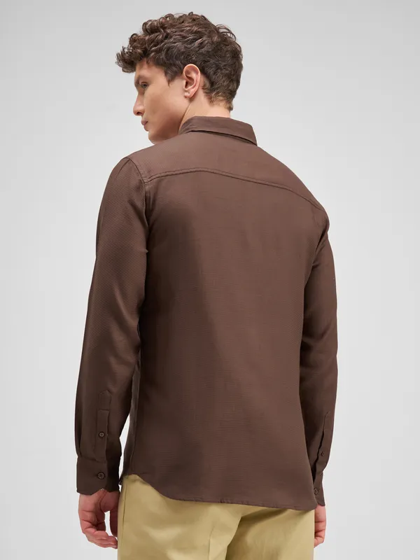 Highlander Men Brown Self Design Slim Fit Casual Shirt