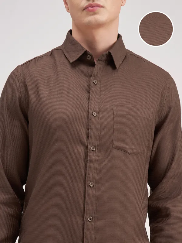 Highlander Men Brown Self Design Slim Fit Casual Shirt