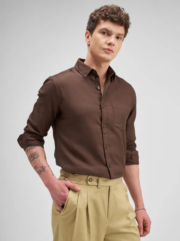 Highlander Men Brown Self Design Slim Fit Casual Shirt