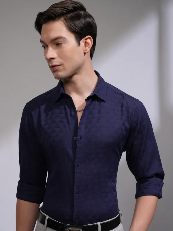 Highlander Men Navy Blue Self Design Slim Fit Casual Shirt