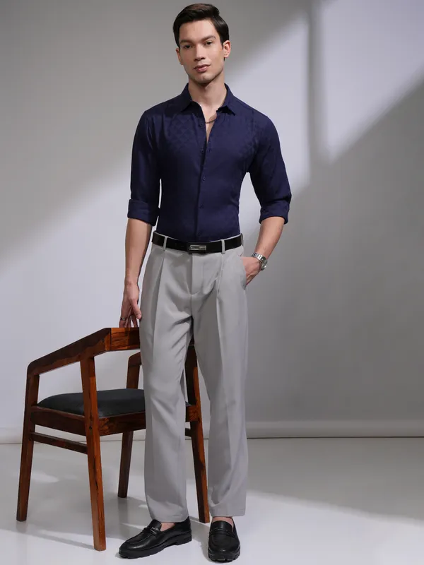 Highlander Men Navy Blue Self Design Slim Fit Casual Shirt