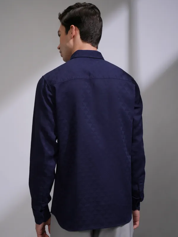 Highlander Men Navy Blue Self Design Slim Fit Casual Shirt