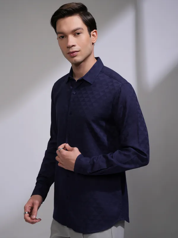 Highlander Men Navy Blue Self Design Slim Fit Casual Shirt