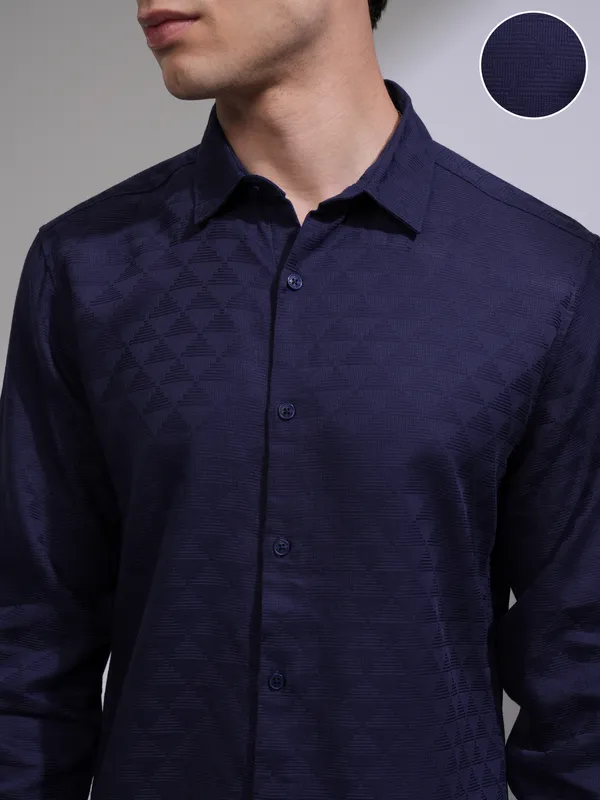Highlander Men Navy Blue Self Design Slim Fit Casual Shirt