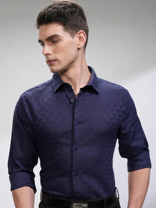 Highlander Men Navy Blue Self Design Slim Fit Casual Shirt