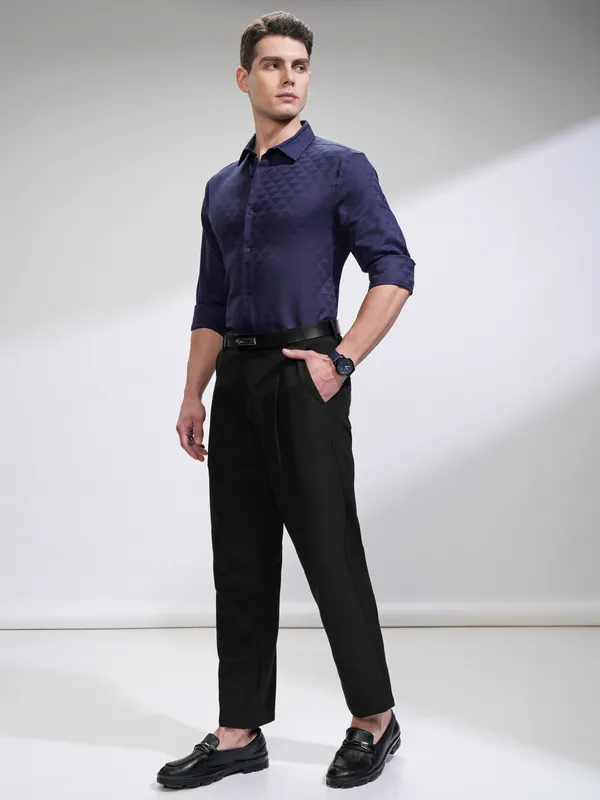 Highlander Men Navy Blue Self Design Slim Fit Casual Shirt