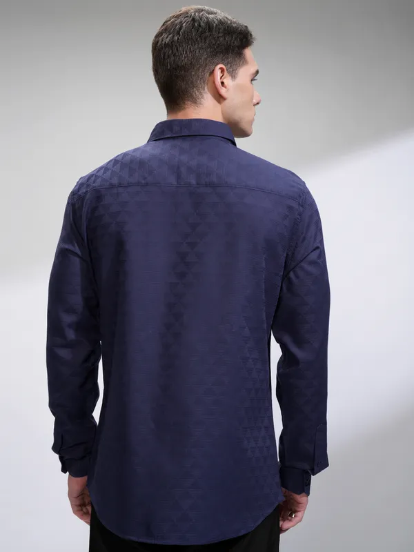 Highlander Men Navy Blue Self Design Slim Fit Casual Shirt