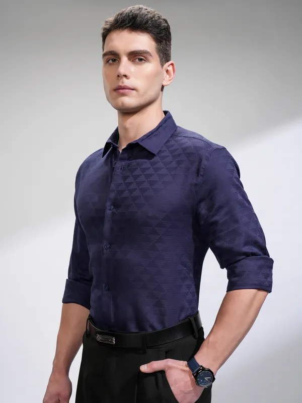 Highlander Men Navy Blue Self Design Slim Fit Casual Shirt