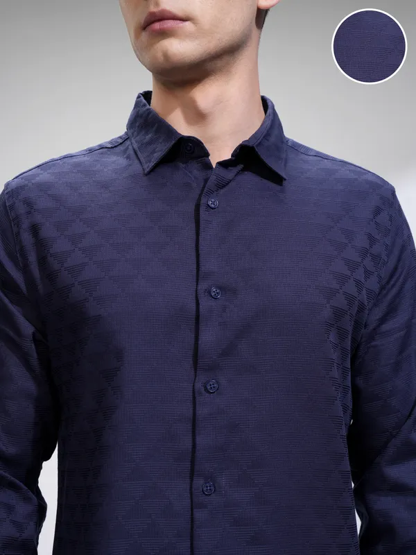 Highlander Men Navy Blue Self Design Slim Fit Casual Shirt