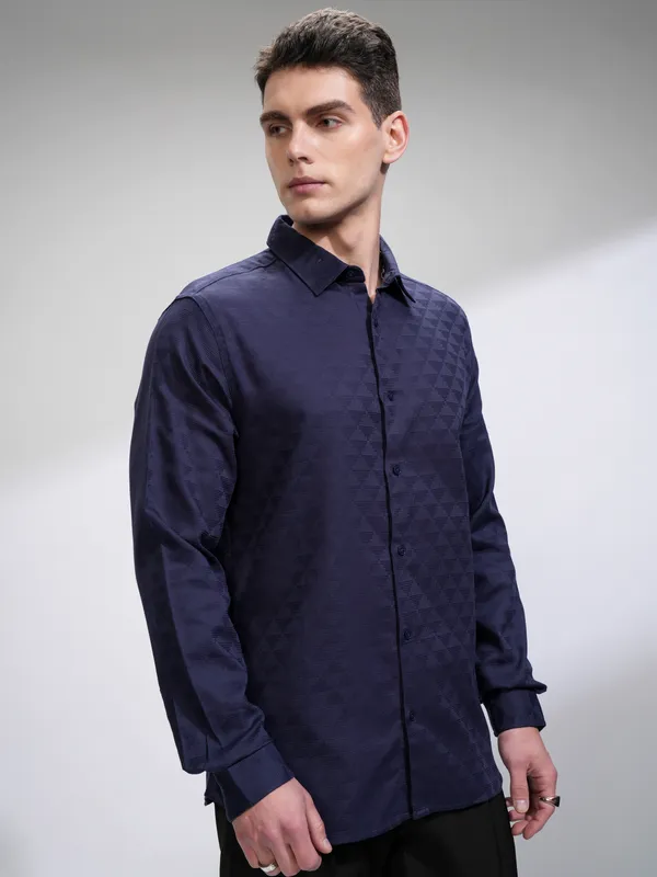 Highlander Men Navy Blue Self Design Slim Fit Casual Shirt