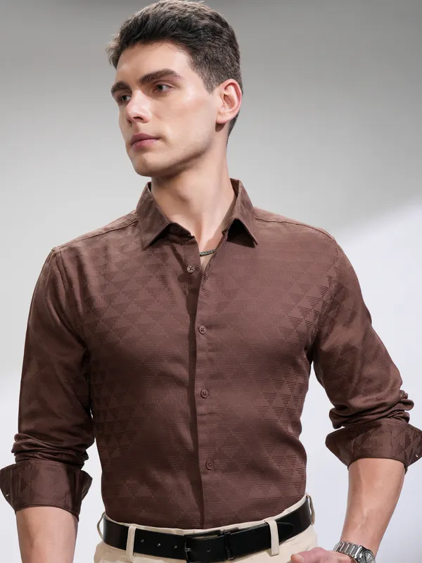 Highlander Men Brown Self Design Slim Fit Casual Shirt