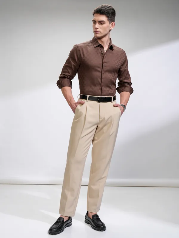 Highlander Men Brown Self Design Slim Fit Casual Shirt