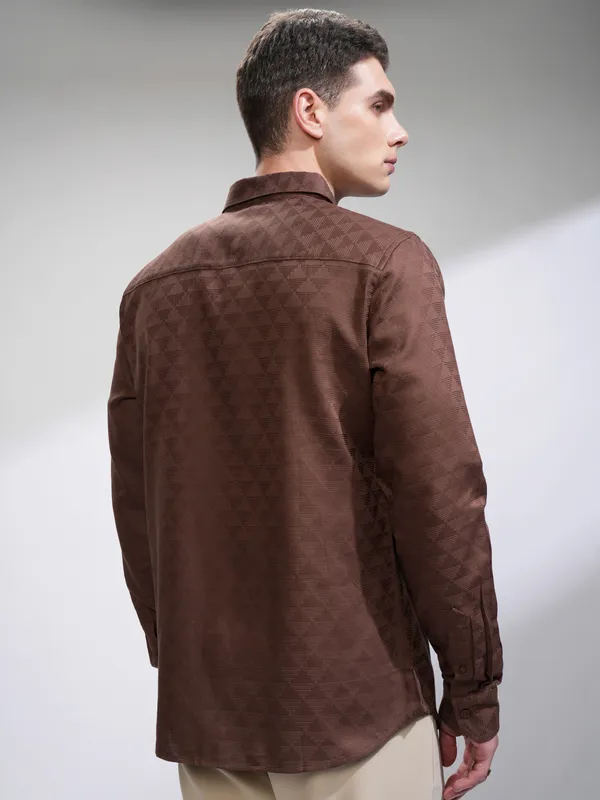Highlander Men Brown Self Design Slim Fit Casual Shirt