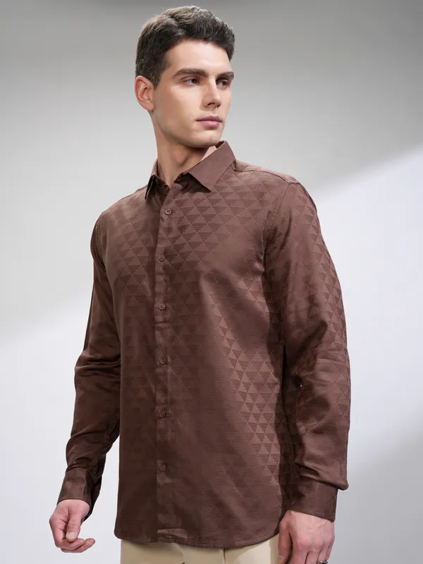 Highlander Men Brown Self Design Slim Fit Casual Shirt