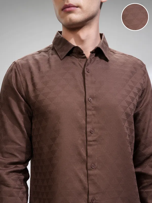 Highlander Men Brown Self Design Slim Fit Casual Shirt