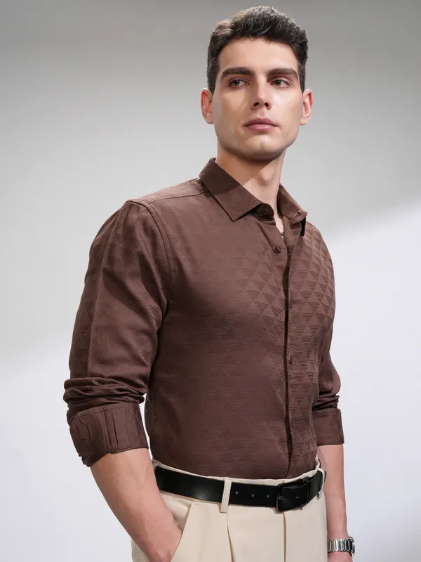 Highlander Men Brown Self Design Slim Fit Casual Shirt