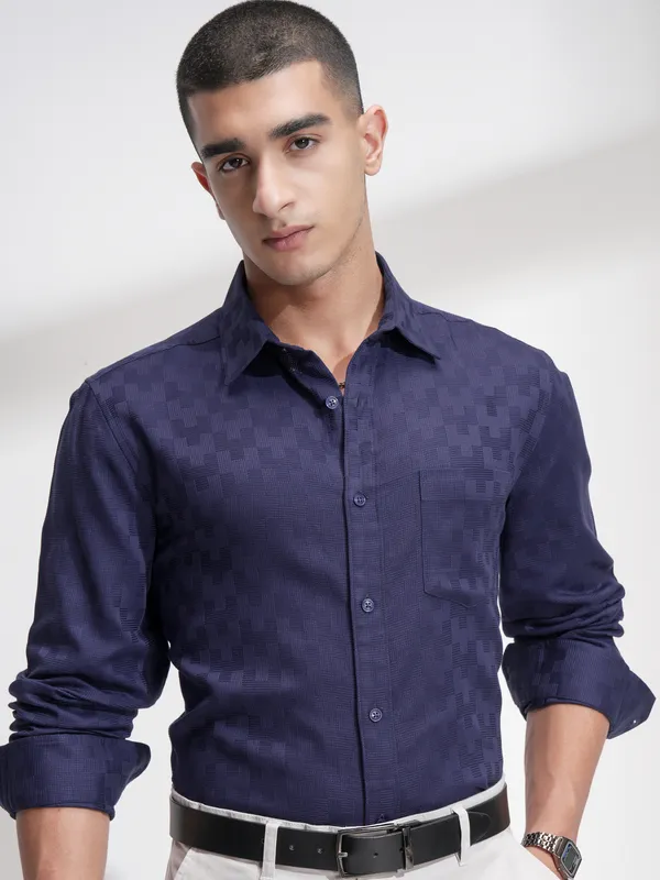 Highlander Men Navy Blue Self Design Slim Fit Casual Shirt