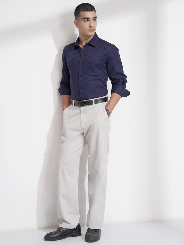 Highlander Men Navy Blue Self Design Slim Fit Casual Shirt