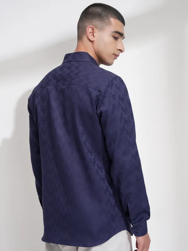 Highlander Men Navy Blue Self Design Slim Fit Casual Shirt