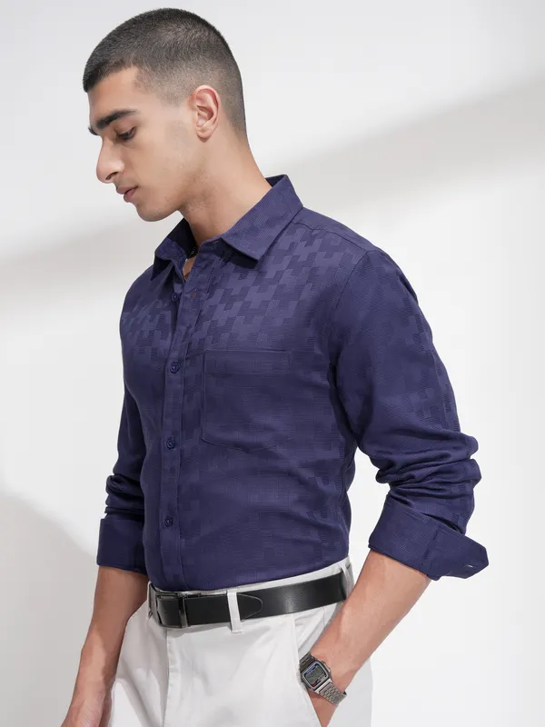 Highlander Men Navy Blue Self Design Slim Fit Casual Shirt