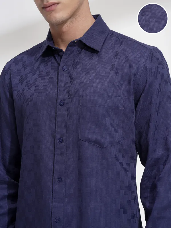 Highlander Men Navy Blue Self Design Slim Fit Casual Shirt