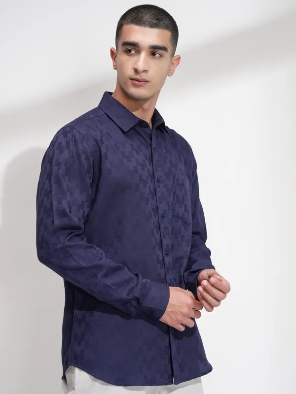 Highlander Men Navy Blue Self Design Slim Fit Casual Shirt