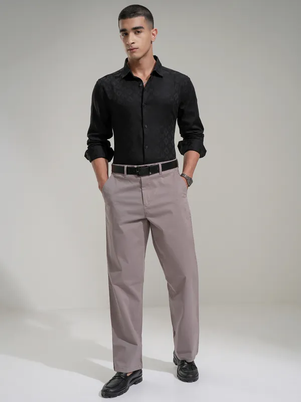 Highlander Men Black Self Design Slim Fit Casual Shirt