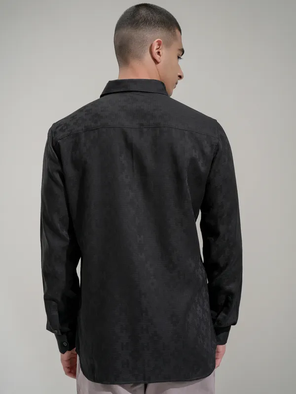 Highlander Men Black Self Design Slim Fit Casual Shirt