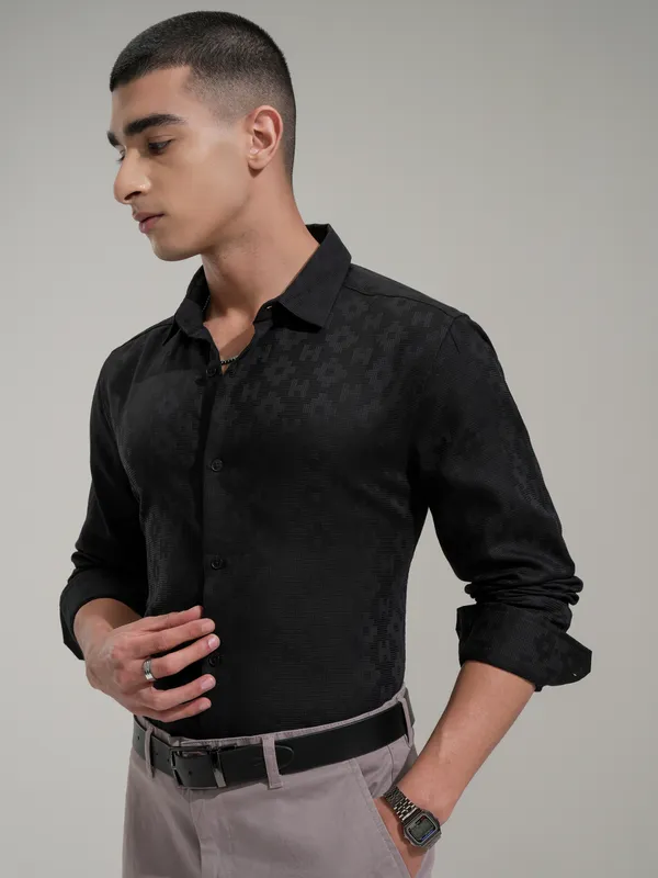 Highlander Men Black Self Design Slim Fit Casual Shirt