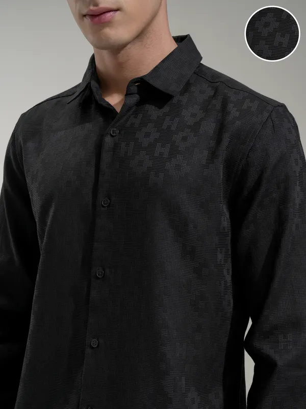 Highlander Men Black Self Design Slim Fit Casual Shirt