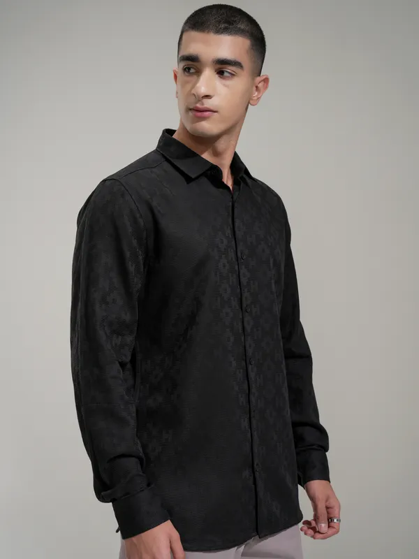 Highlander Men Black Self Design Slim Fit Casual Shirt