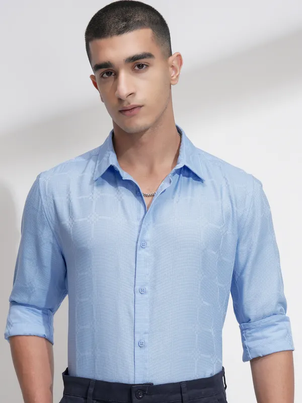Highlander Men Blue Self Design Slim Fit Casual Shirt