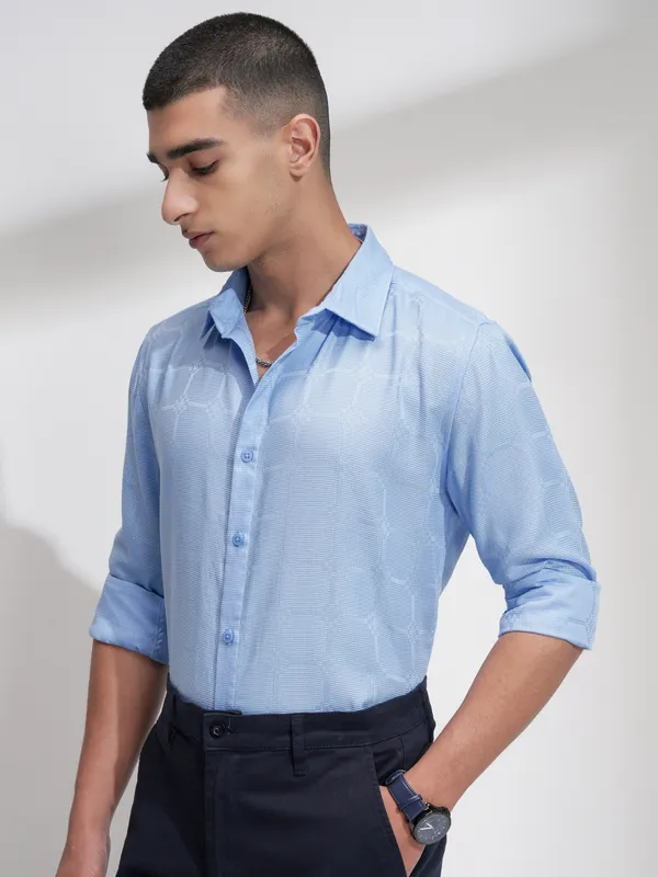 Highlander Men Blue Self Design Slim Fit Casual Shirt