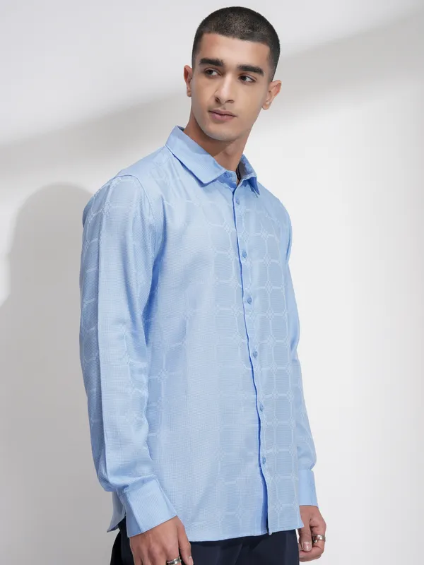 Highlander Men Blue Self Design Slim Fit Casual Shirt