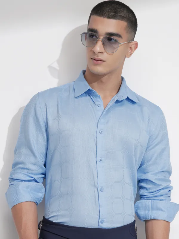 Highlander Men Blue Self Design Slim Fit Casual Shirt