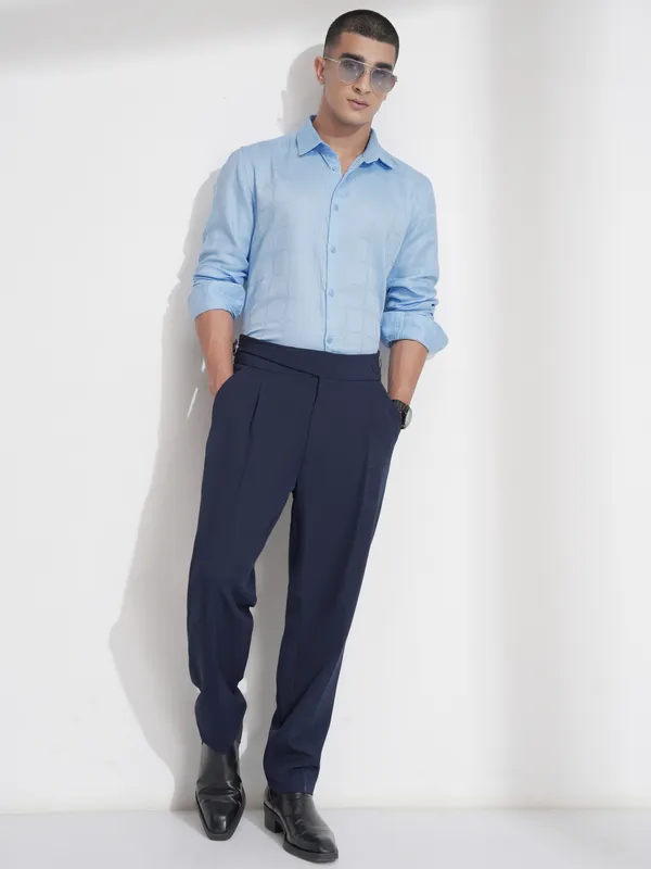 Highlander Men Blue Self Design Slim Fit Casual Shirt