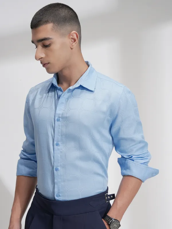 Highlander Men Blue Self Design Slim Fit Casual Shirt