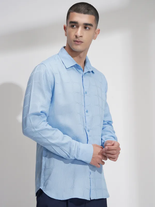 Highlander Men Blue Self Design Slim Fit Casual Shirt