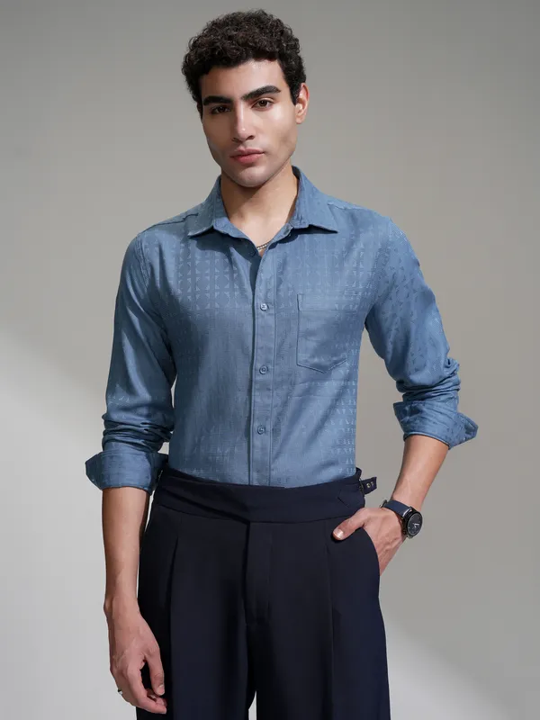 Highlander Men Blue Self Design Slim Fit Casual Shirt