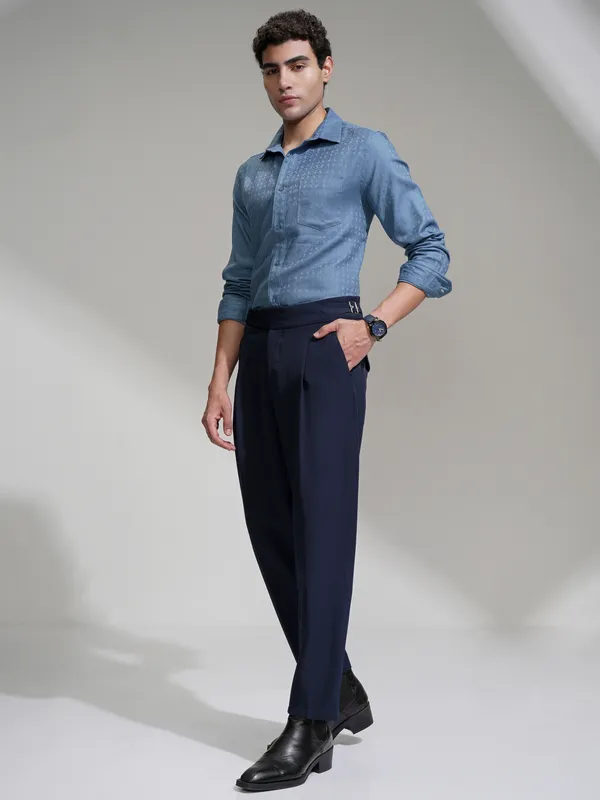 Highlander Men Blue Self Design Slim Fit Casual Shirt