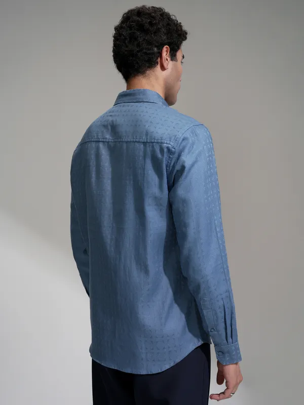 Highlander Men Blue Self Design Slim Fit Casual Shirt