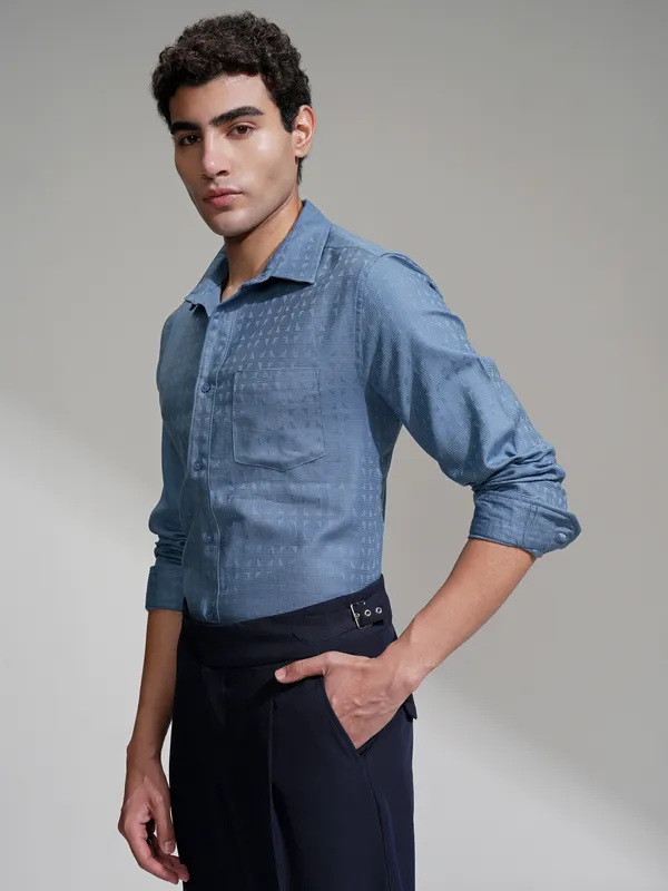 Highlander Men Blue Self Design Slim Fit Casual Shirt