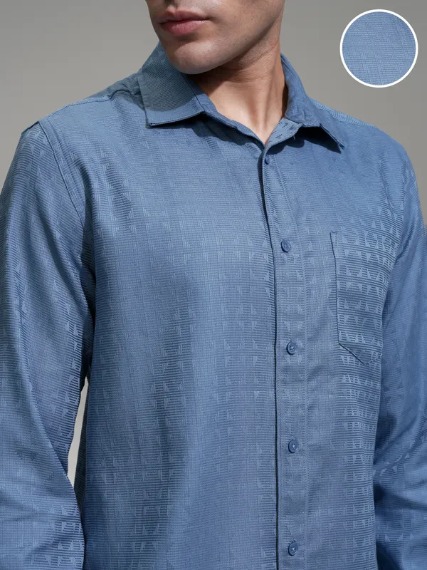 Highlander Men Blue Self Design Slim Fit Casual Shirt