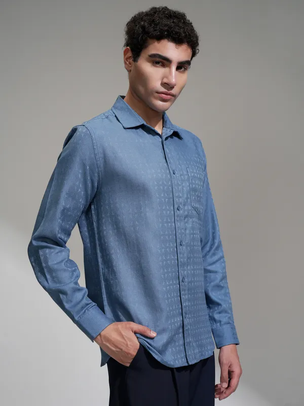 Highlander Men Blue Self Design Slim Fit Casual Shirt