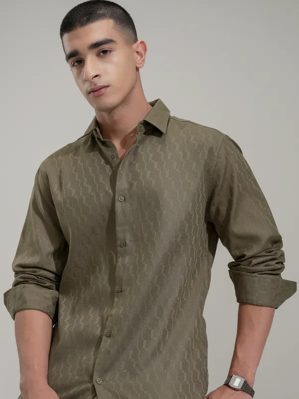Highlander Men Olive Self Design Slim Fit Casual Shirt