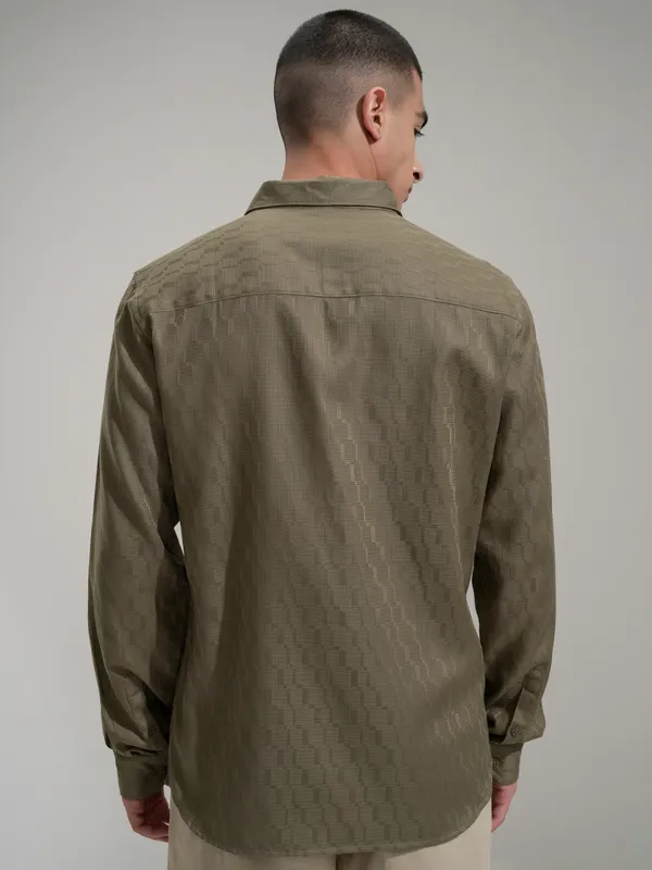 Highlander Men Olive Self Design Slim Fit Casual Shirt